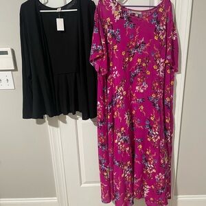 Floral Pink Dress and Black Cardigan Set